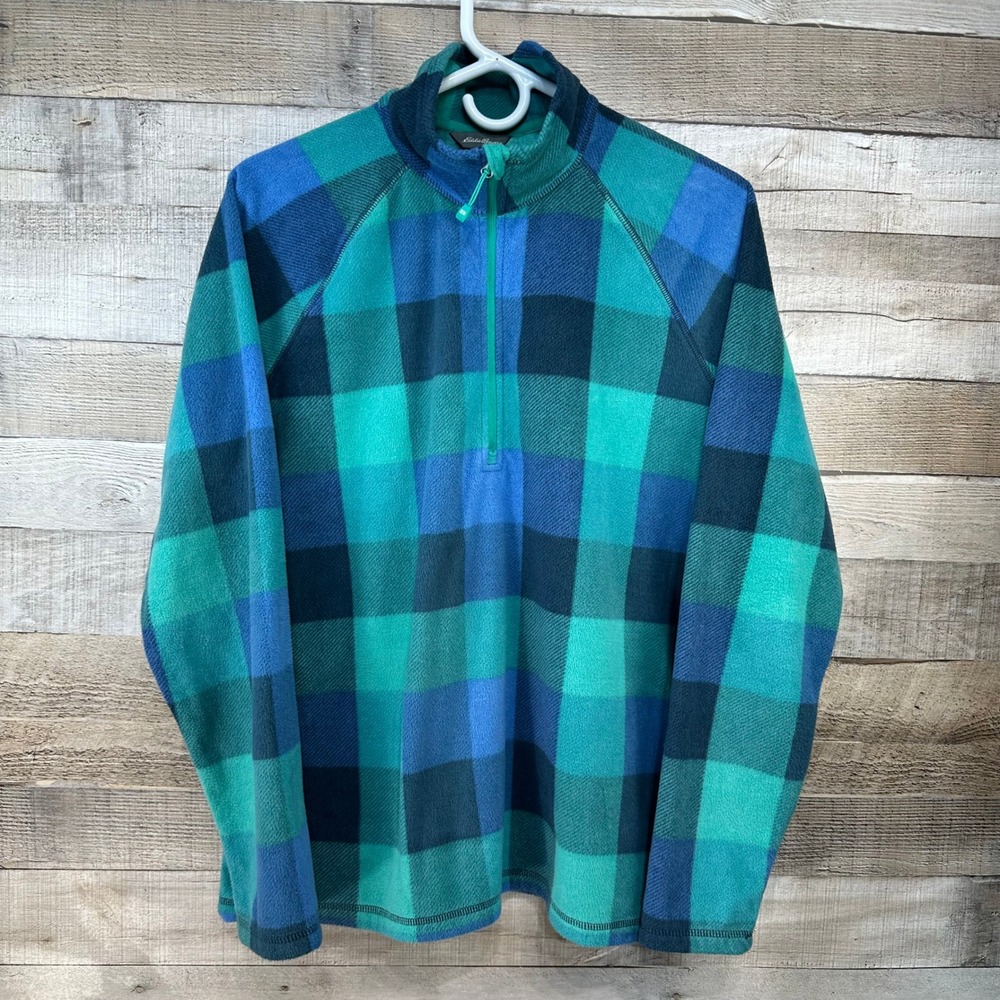 Eddie Bauer Quest 1/4 Zip Fleece Pullover Green Teal Blue Plaid Block Check L